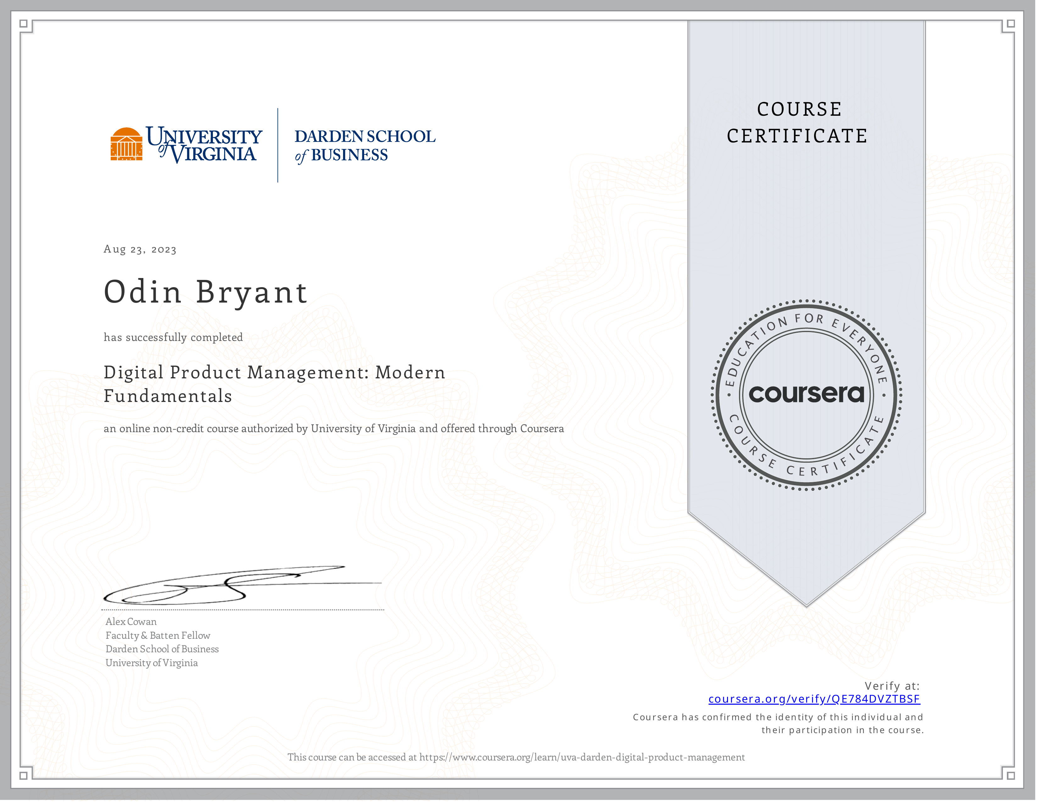 Digital Product Management: Modern Fundamentals certificate
