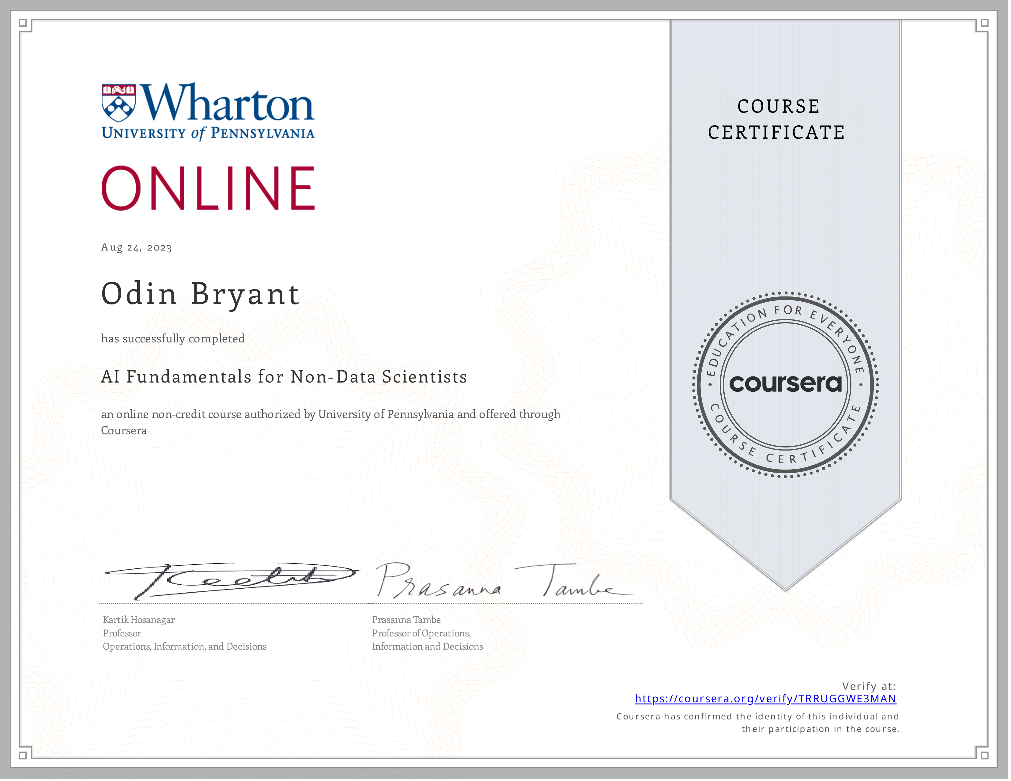 AI Fundamentals for Non-Data Scientists certificate