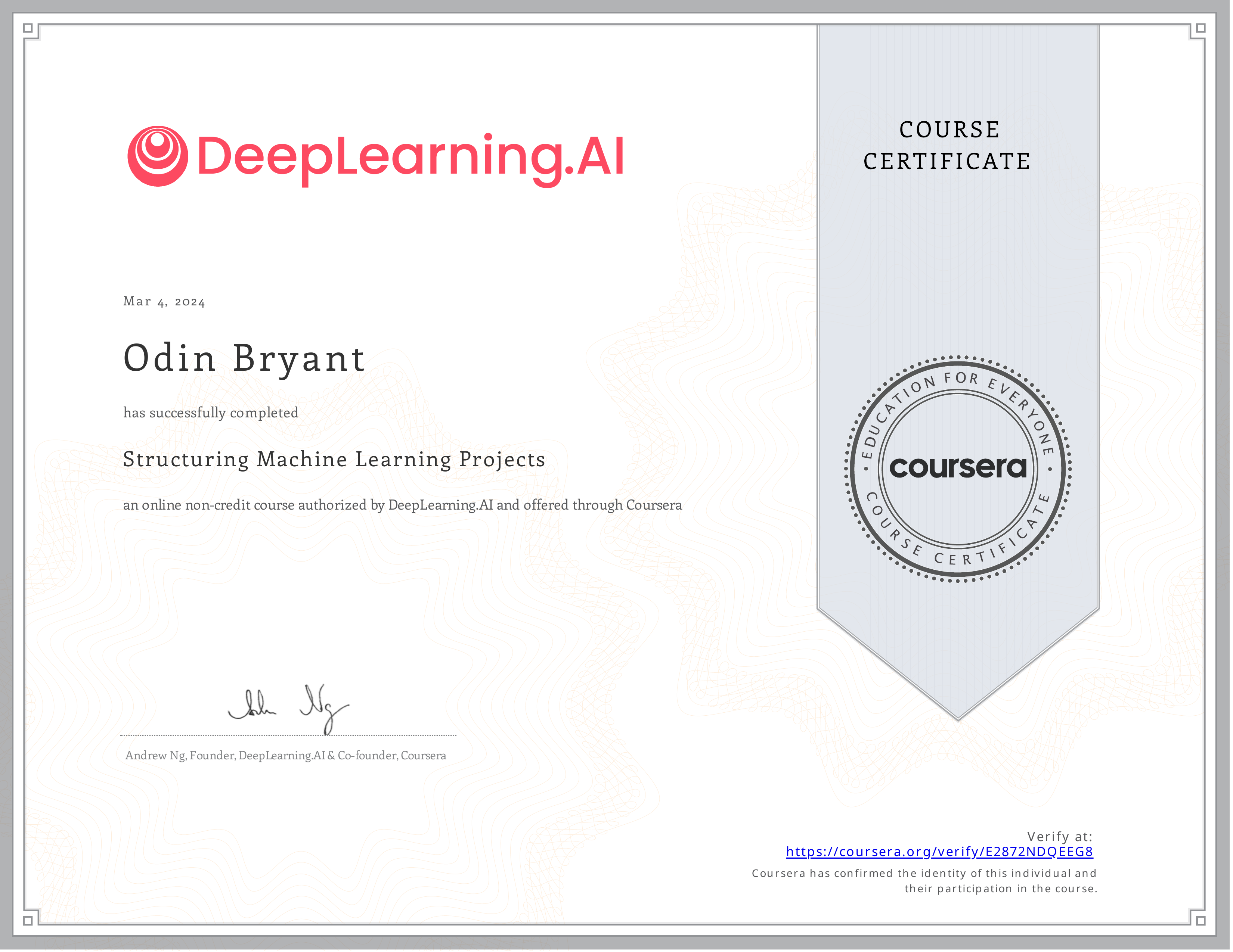 Structuring Machine Learning Projects certificate